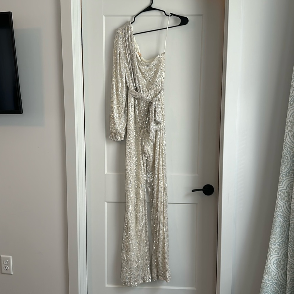 Bella & Bloom Boutique, Champagne sequin one shoulder jumpsuit, Size S